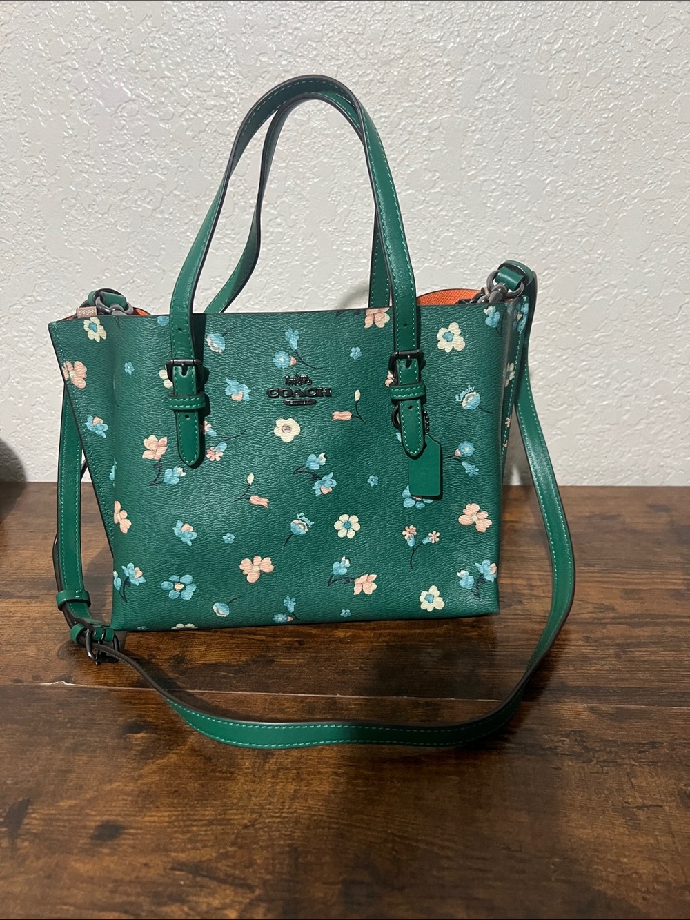 Beautiful Coach Green Floral Shoulder Tote with Pink & Blue Flowers